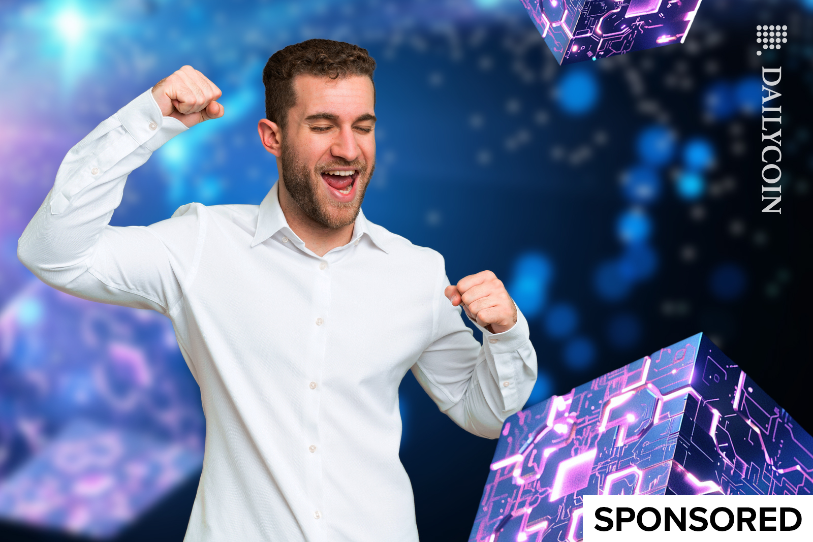 Guy celebrating digital blockchain cubes.