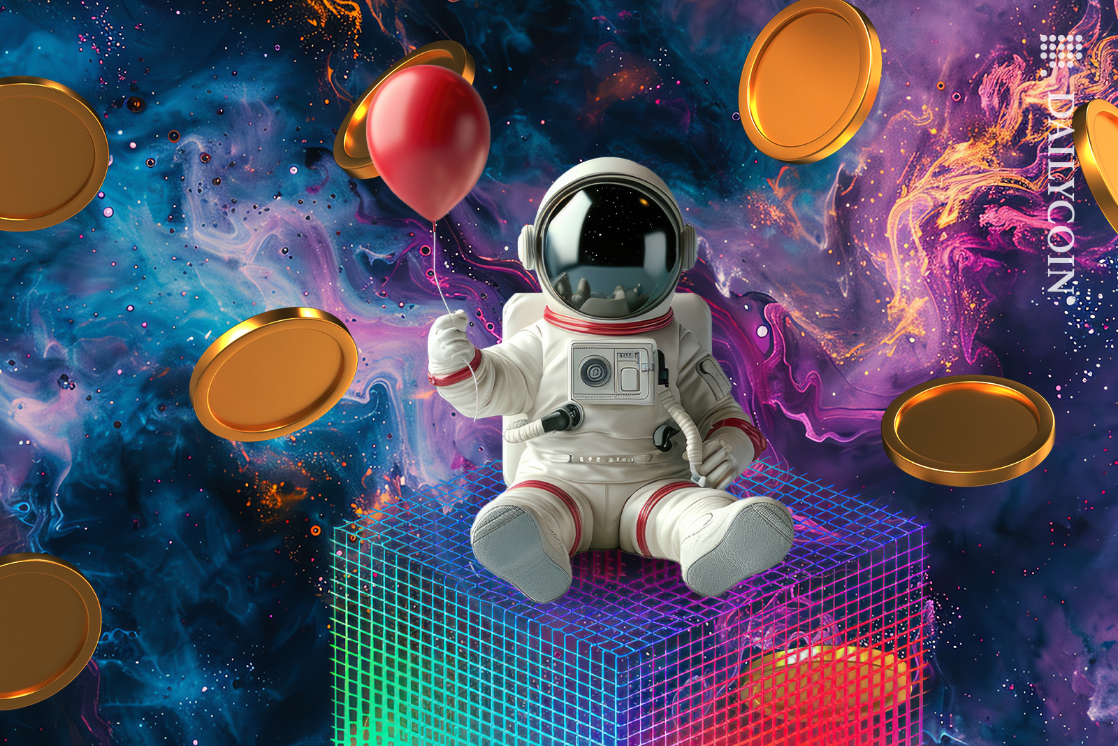 Spaceman celebrating digital blockchain with coin winnings.