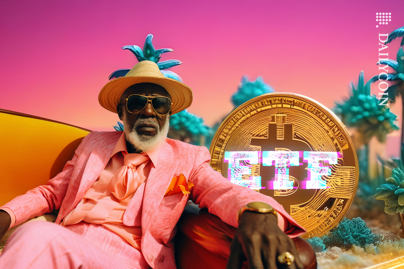 Man chilling on a colorful Bitcoin ETF land.