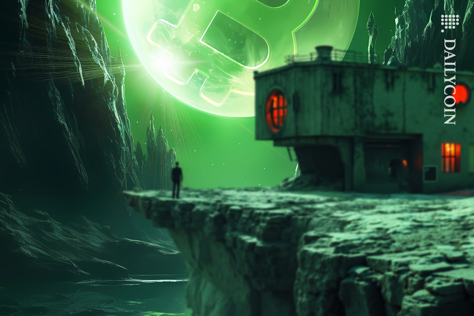 Man just staring at a massive green glowing bitcoin moon. as he stands on a mid level cliff.