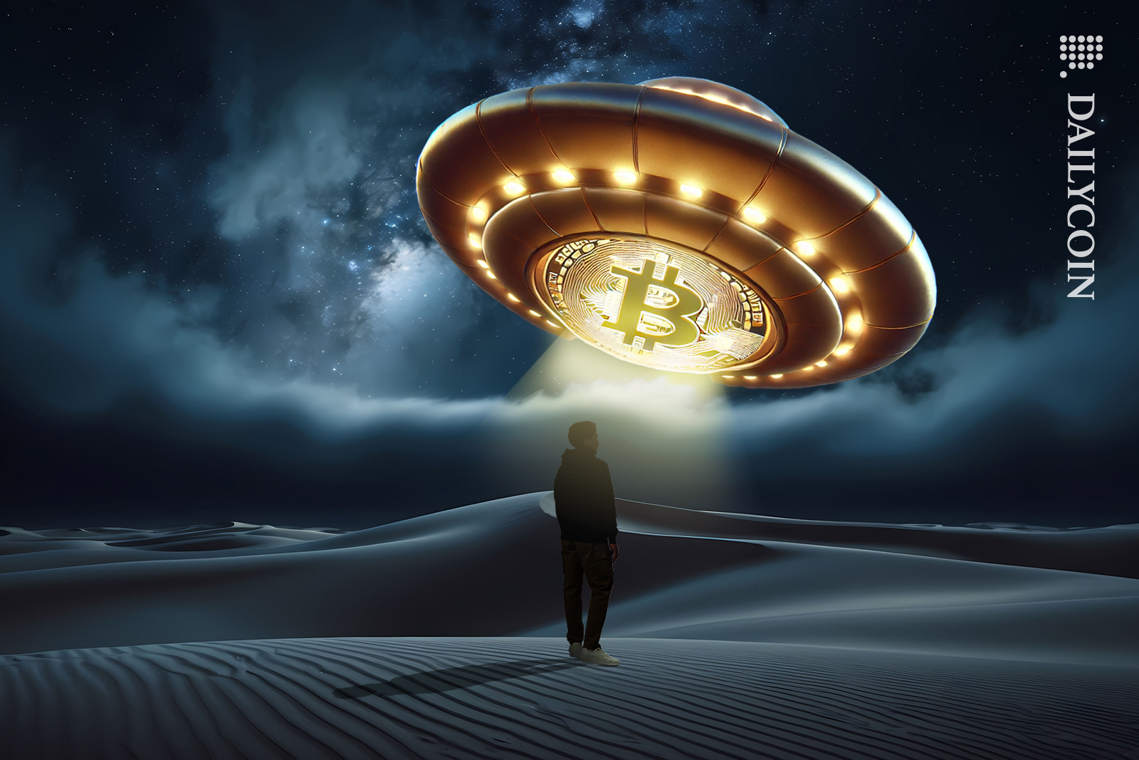 Mysterious person getting picket up by the Bitcoin flying saucer.