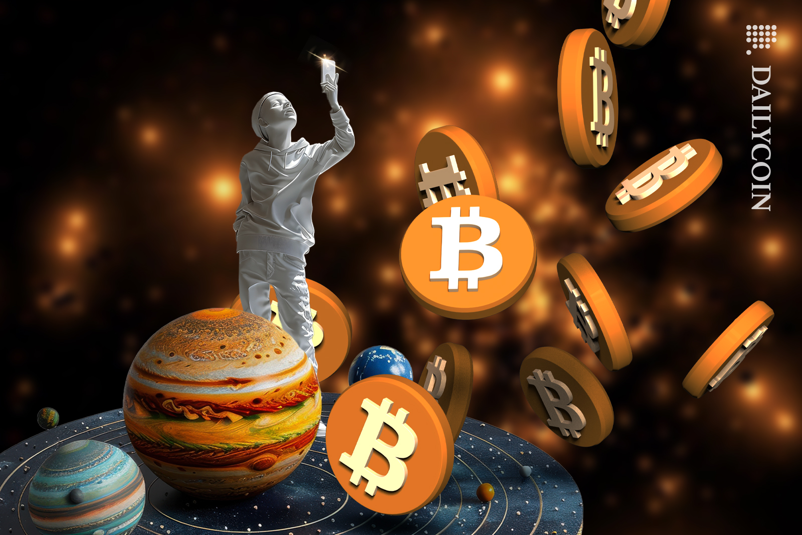 A boy standing on a planets platform taking a picture of the taking off Bitcoins.