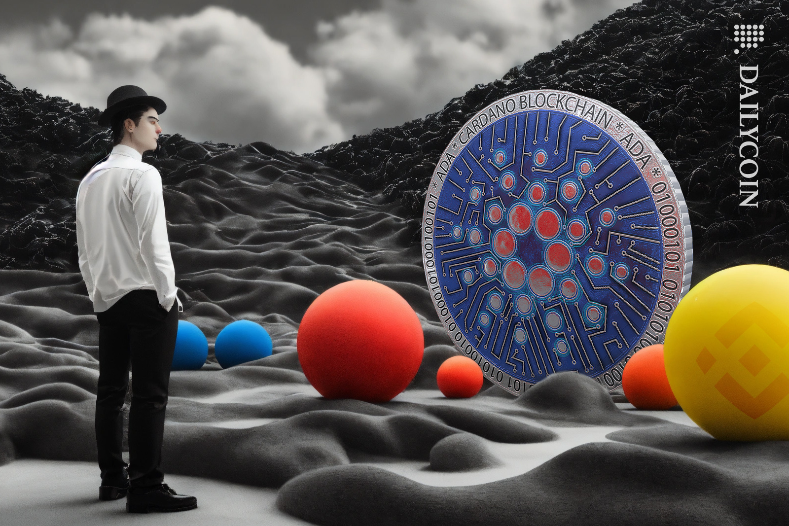 Cardano coin on a surreal Binance land.