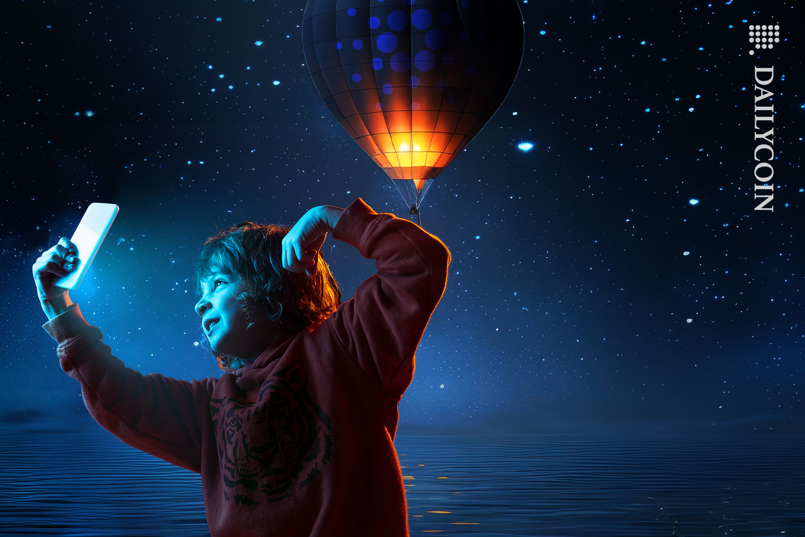 Little boy taking a picture of himself with Cardano airdrop balloon in the middle of the night.