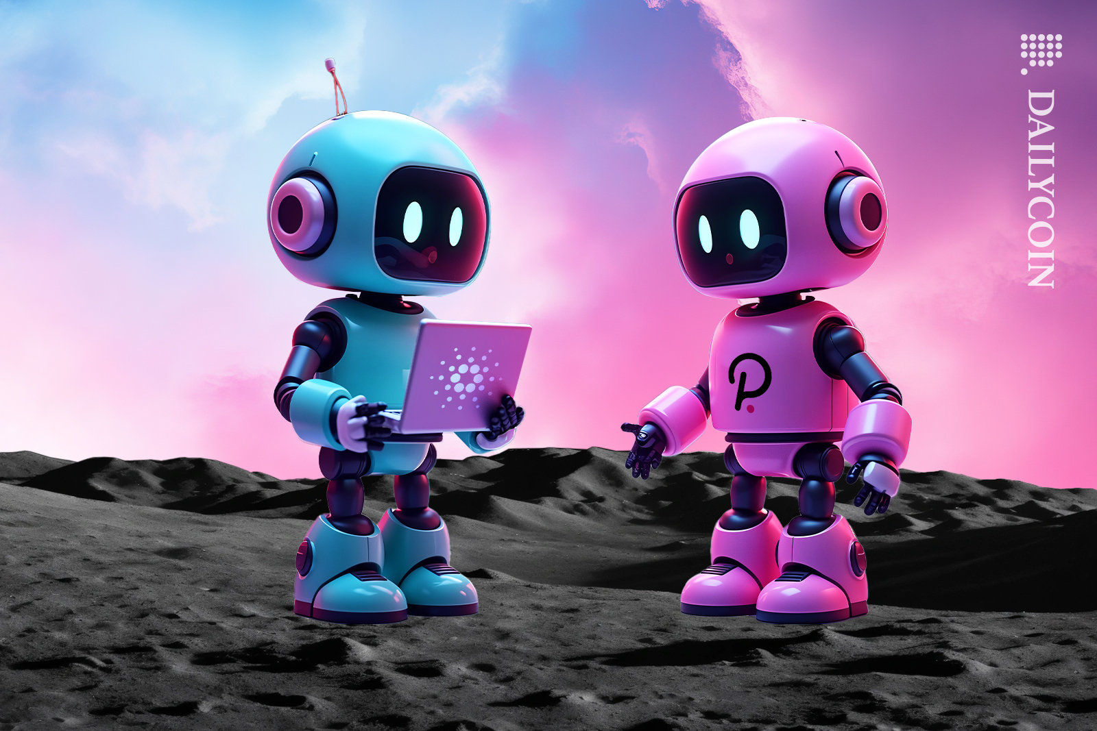 Polkadot and Cardano robot working together on a blank land.