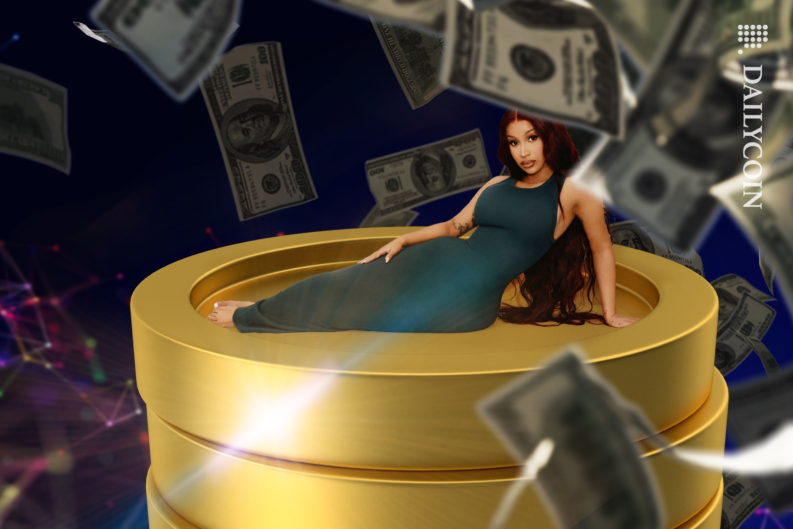 Cardi B sitting on a big WAP meme coin as money is falling around her.