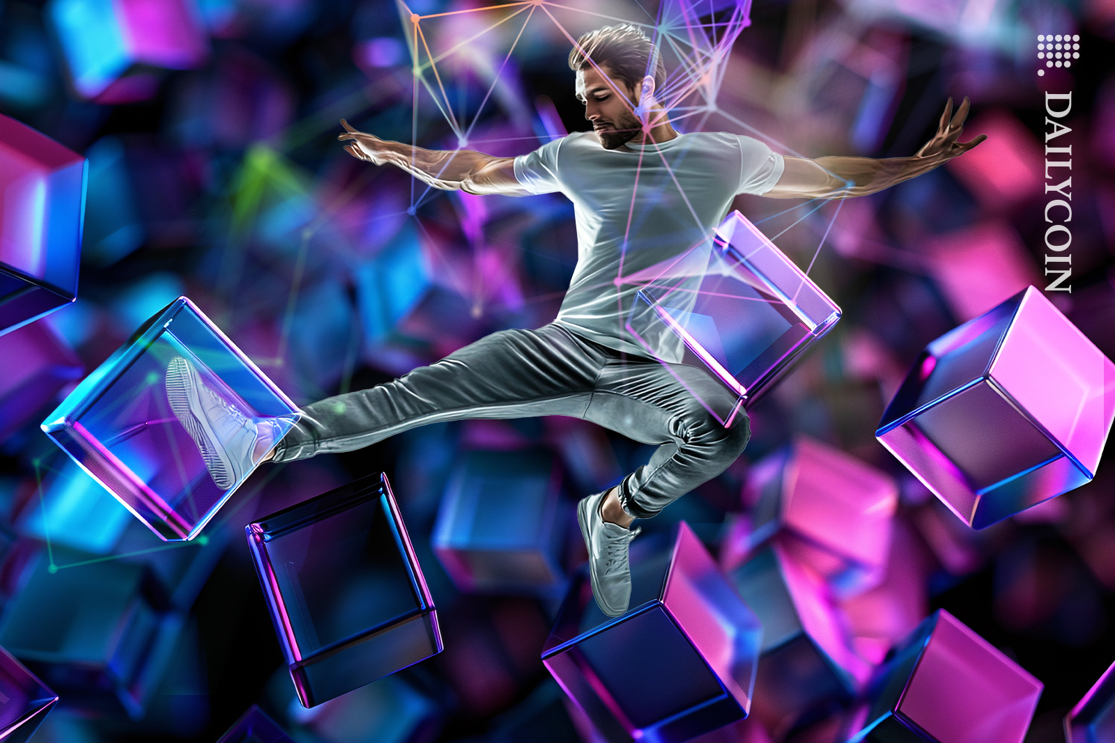 Man playing with blockchain cubes in the crypto space.
