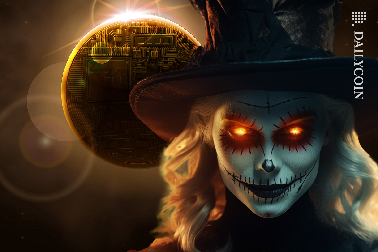 Halloween scary witch, a crypto coin in the darkness.