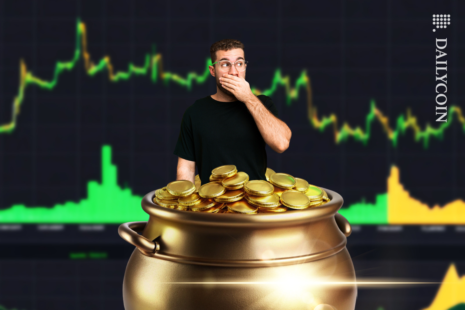 Man in a gold pot gasping, next to a crypto chart.