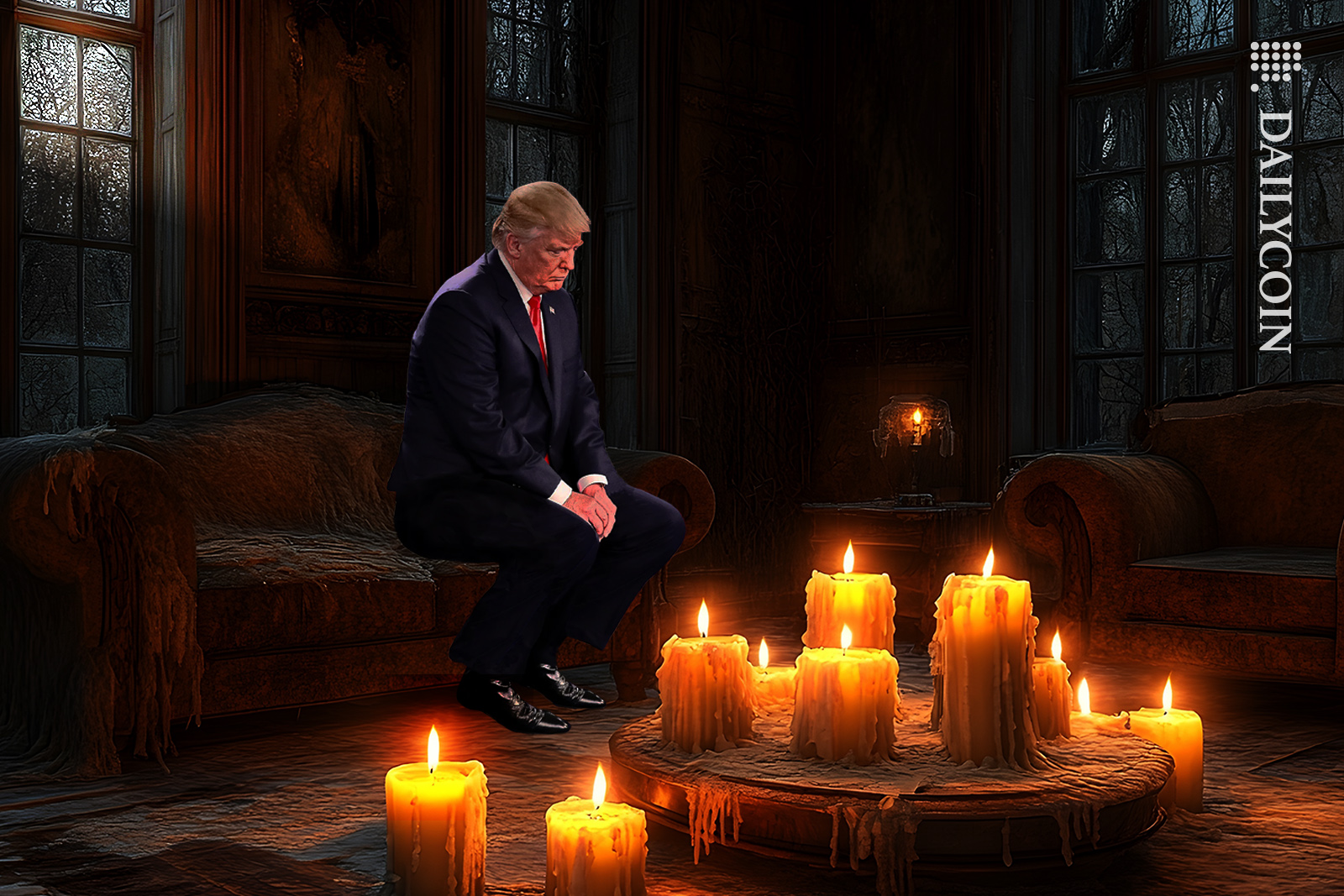 Donald Trump sitting in the dark room with candlelight.