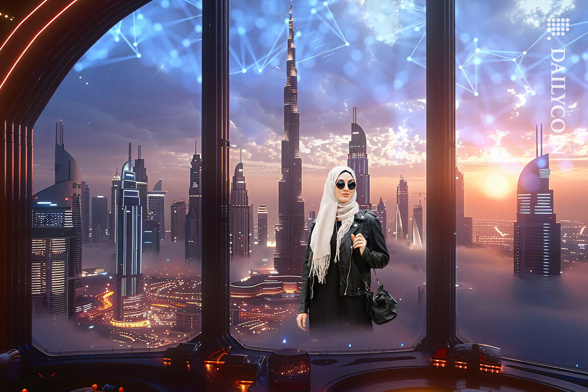Woman apartment hunting in Dubai as the sky has blockchain particles .