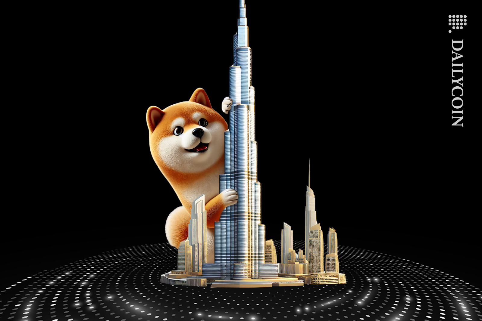 Shiba inu on top of the digital globe hugging Dubai's buildings.