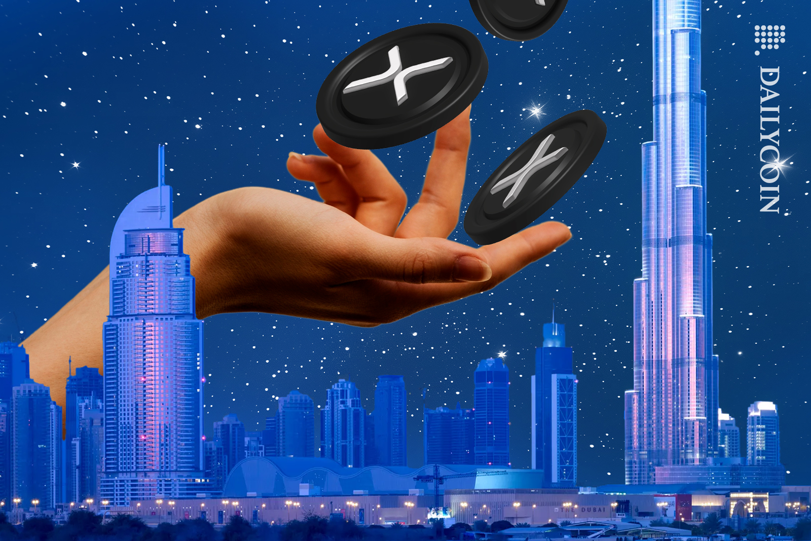 Hand releasing Ripple (XRP) coins into the Dubai skyline.