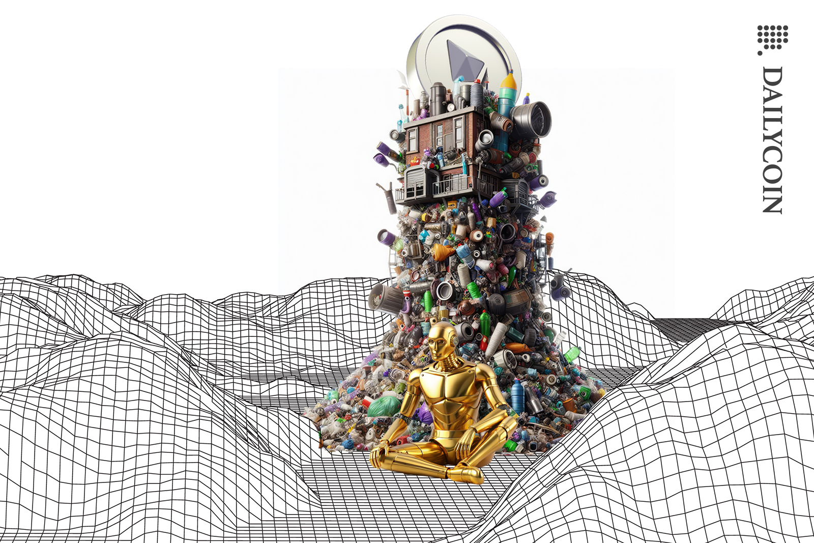 Robot sitting next to a pile of trash with ethereum coin on top if it.