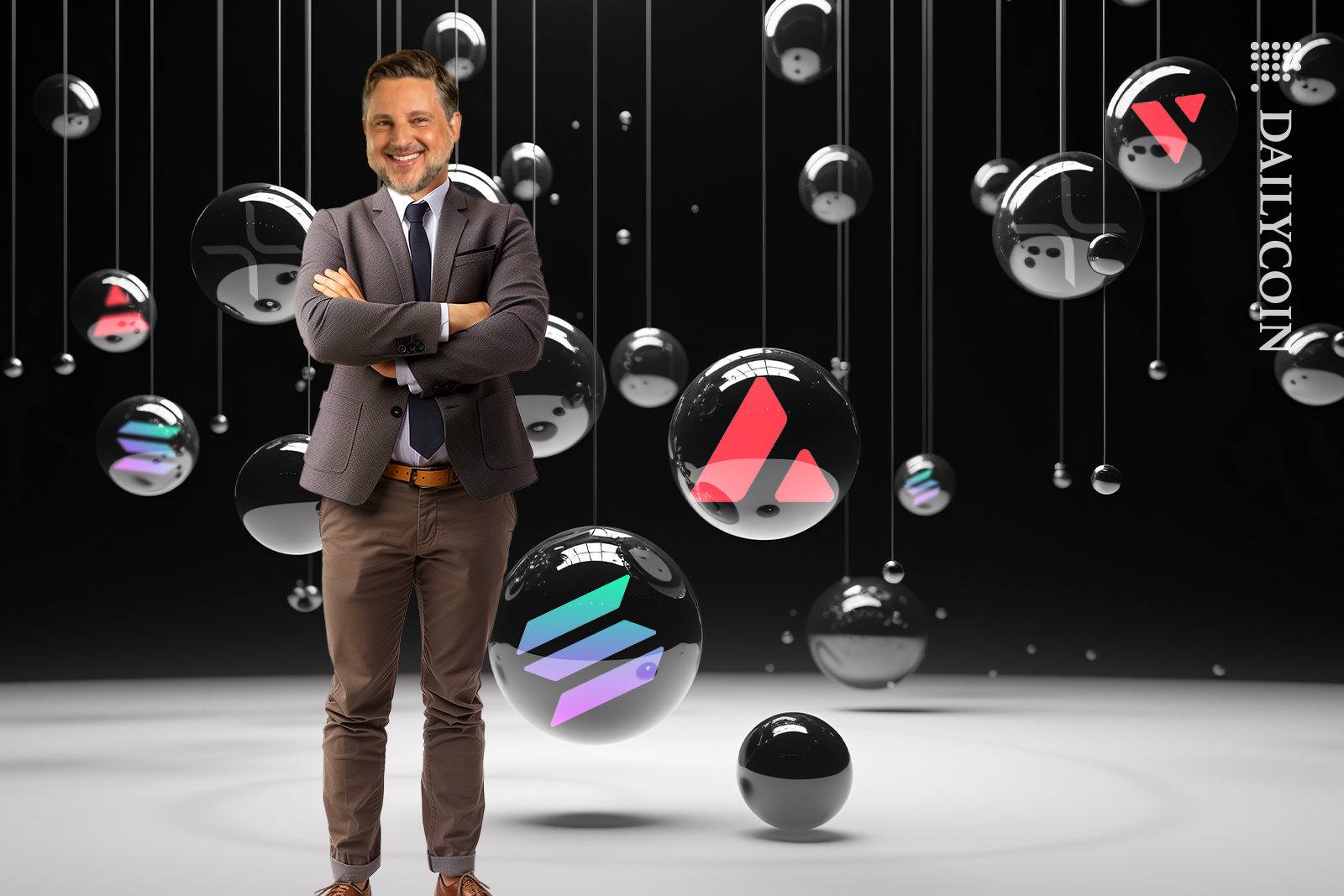 Peter Mintzberg the CEO of grayscale standing next to digital asset balls of AVAX, SOL and XRP.