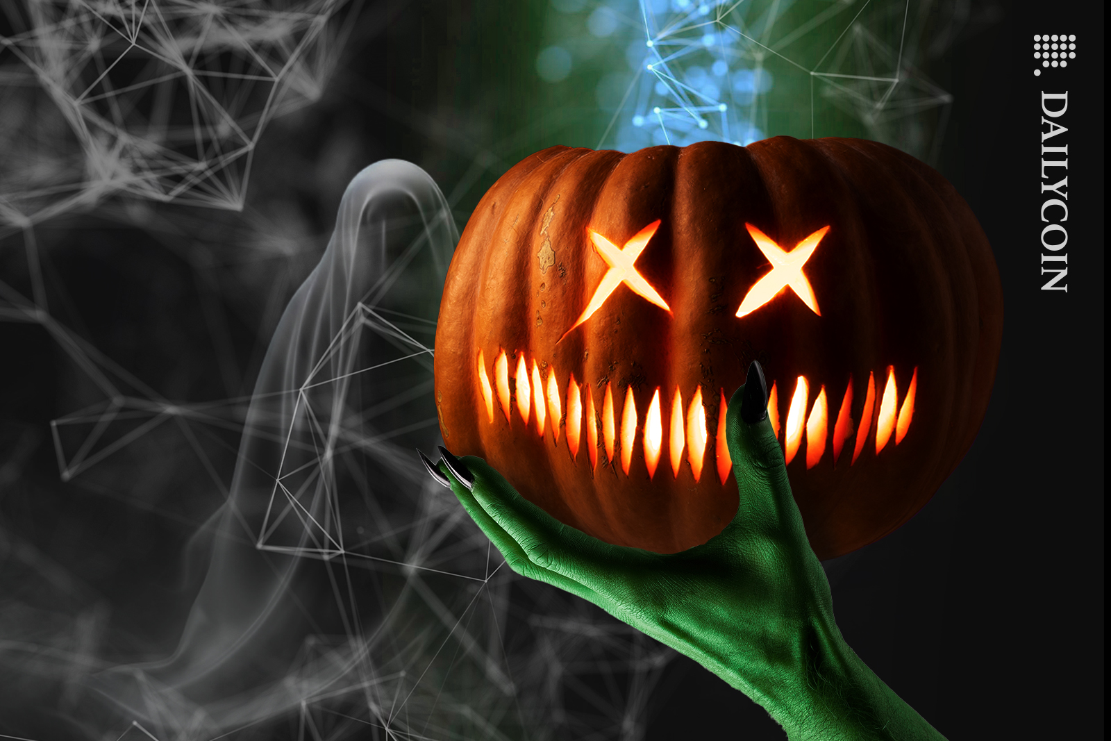 A witches hand holding a scary pumpkin with DEFI connection going up.