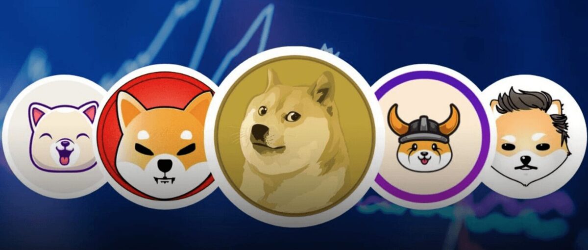 A row of 5 popular memecoin tokens, all showing shiba dogs as their logos with slight differences between them.