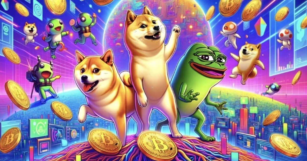 A vibrant and colorful image of DOGE, Shiba Inu and Pepe standing in the centre surrounded by floating coins and meme characters.