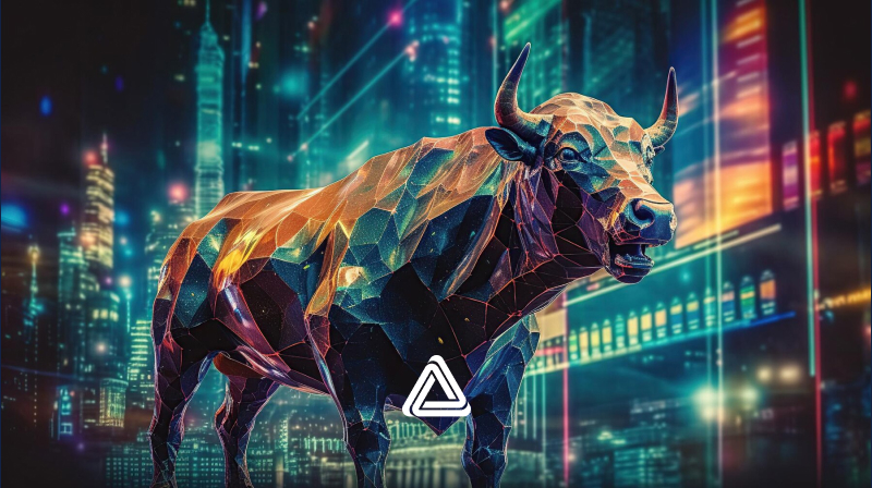 ETFSwap bull in the middle of a futuristic looking colorful city.