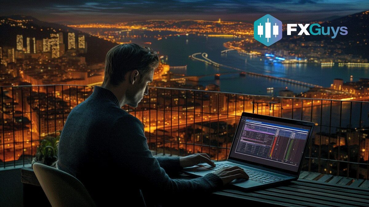 FXGuys man trading on his computer while sitting on a balcony and looking at beautiful city landscape.