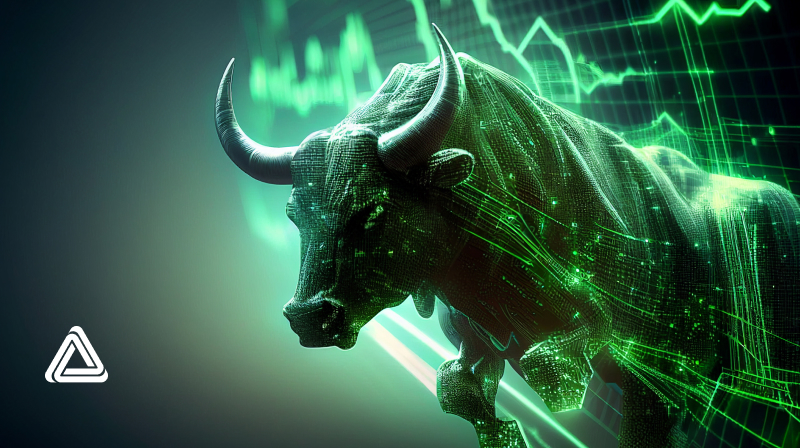 ETFSwap bull coming out of a digital crypto price chart.