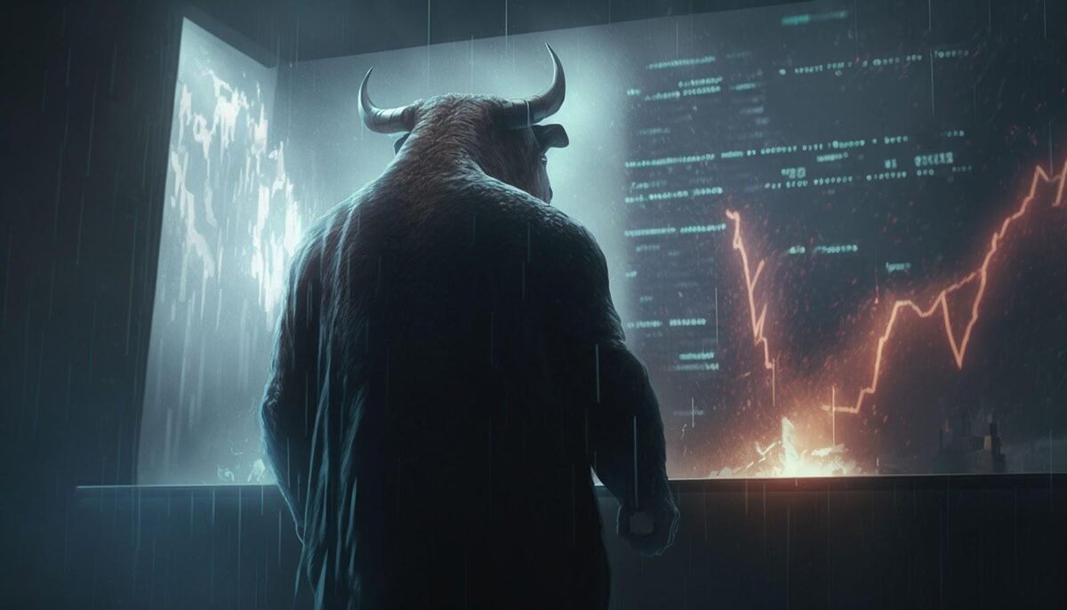 Futuristic city, bull observing a crashing lightning resembling a price chart.