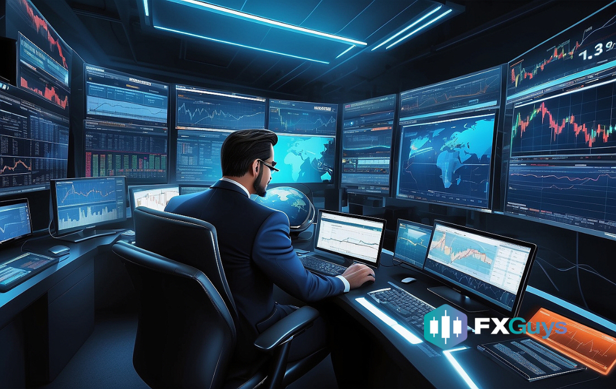 A man researching price charts in a computers filled room.
