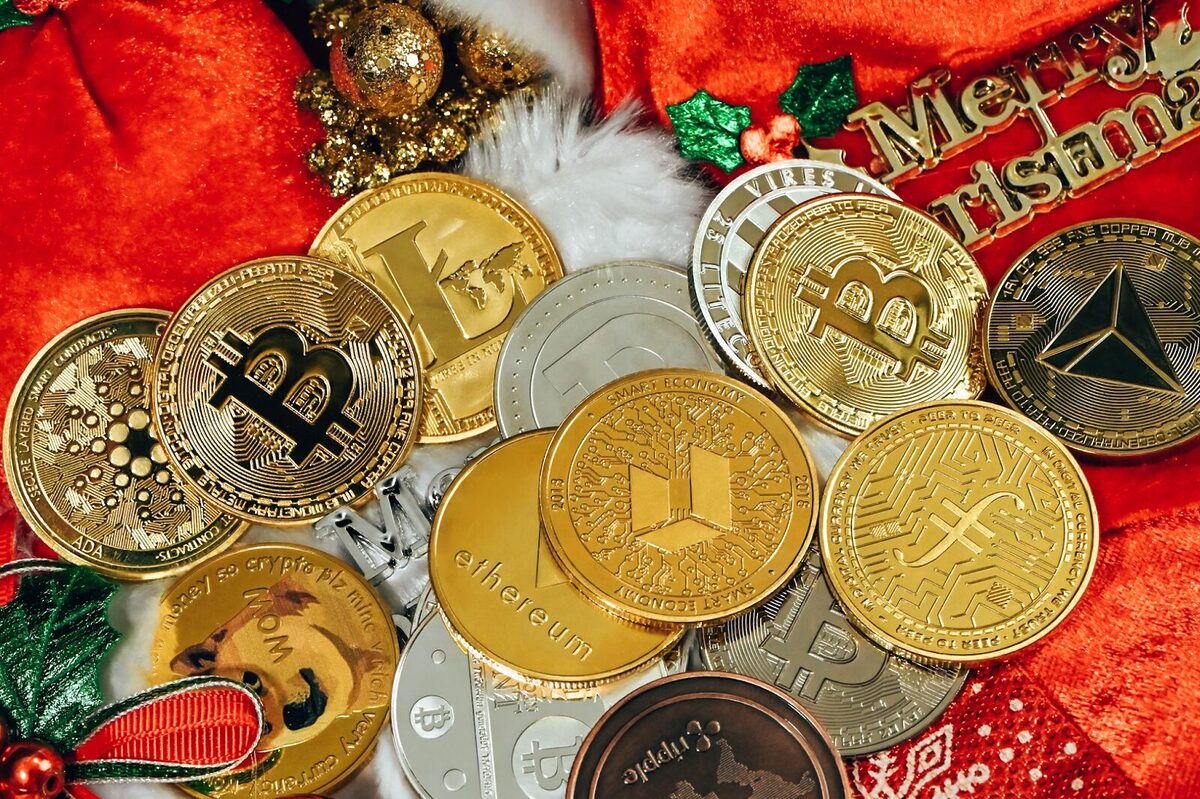 Crypto coins on Christmas stockings.