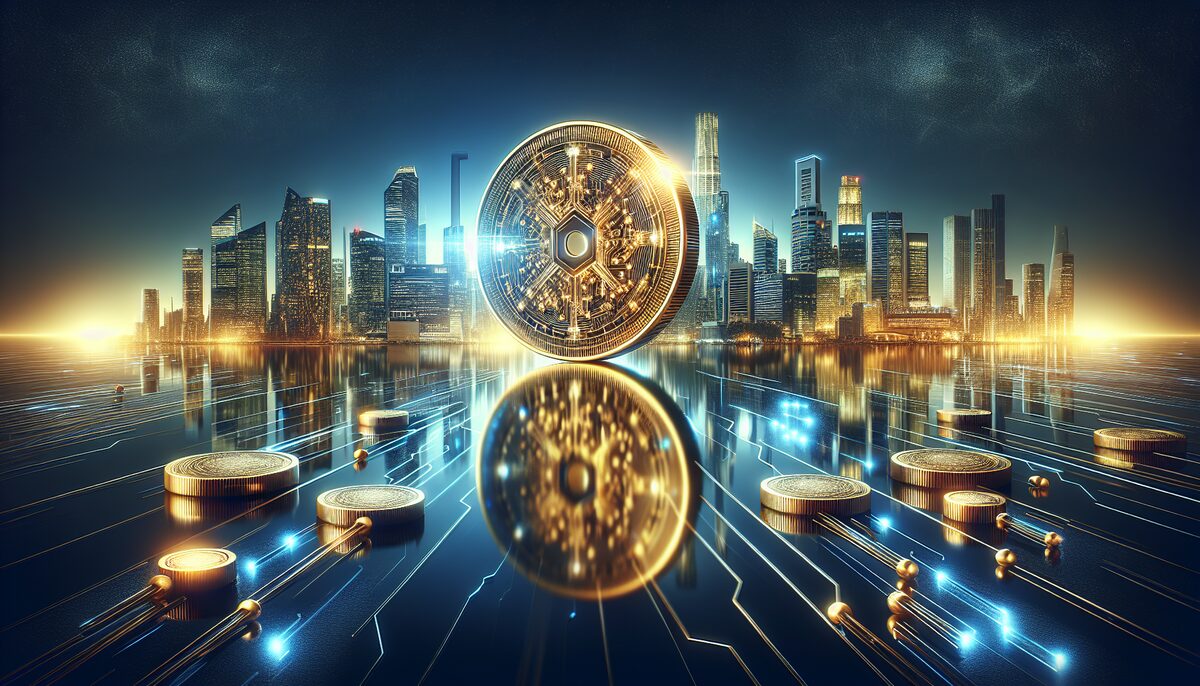 Crypto coins posing in front of a city landscape.