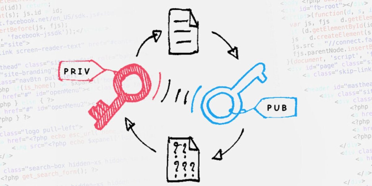 A red key on the left with a "Priv" label and a blue key on the right with a "Pub" label representing the key pairs.