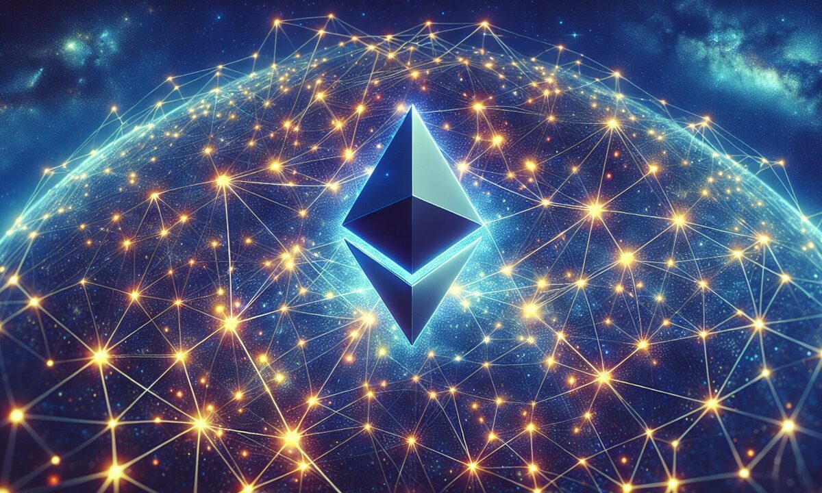A giant blue Ethereum logo hovering in front of a planet which is connected with diagonal lines.