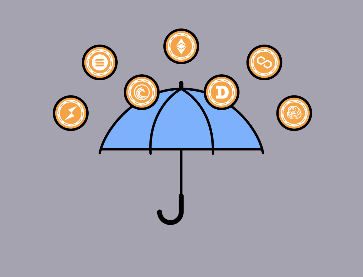 A blue umbrella with orange altcoins falling from the sky, including DAI, ETH, and LINK.