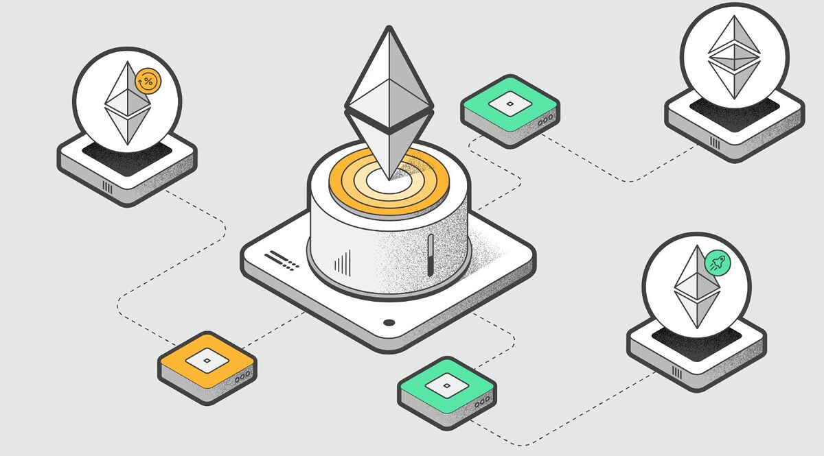 An illustration of the Ethereum Virtual Machine showing the EVM in the middle connecting to four separate devices.