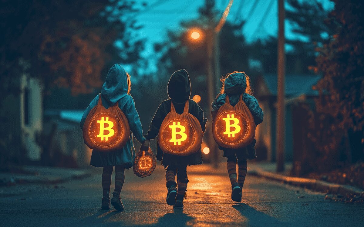 3 kids going trick or treating with Bitcoin backpacks.