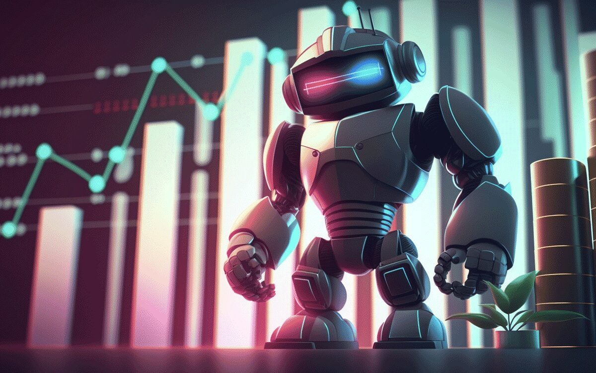 Robot standing in front of a trading chart.