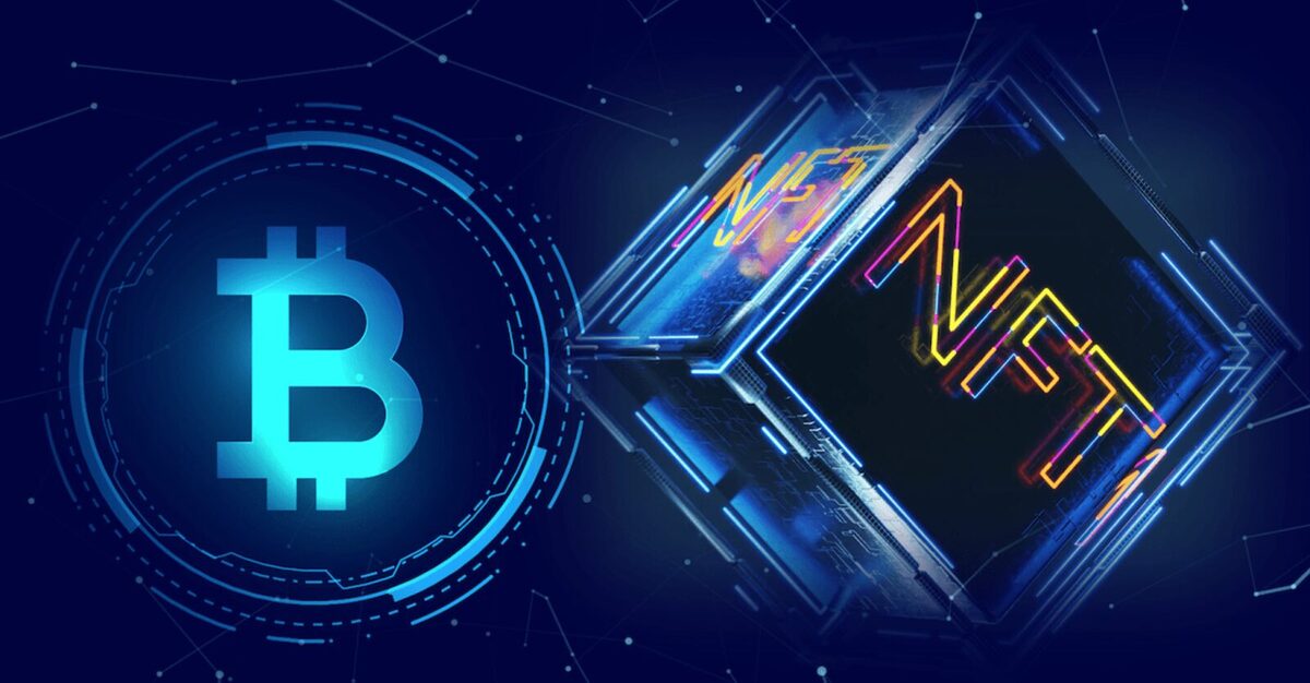 A blue Bitcoin symbol next to an NFT cube.