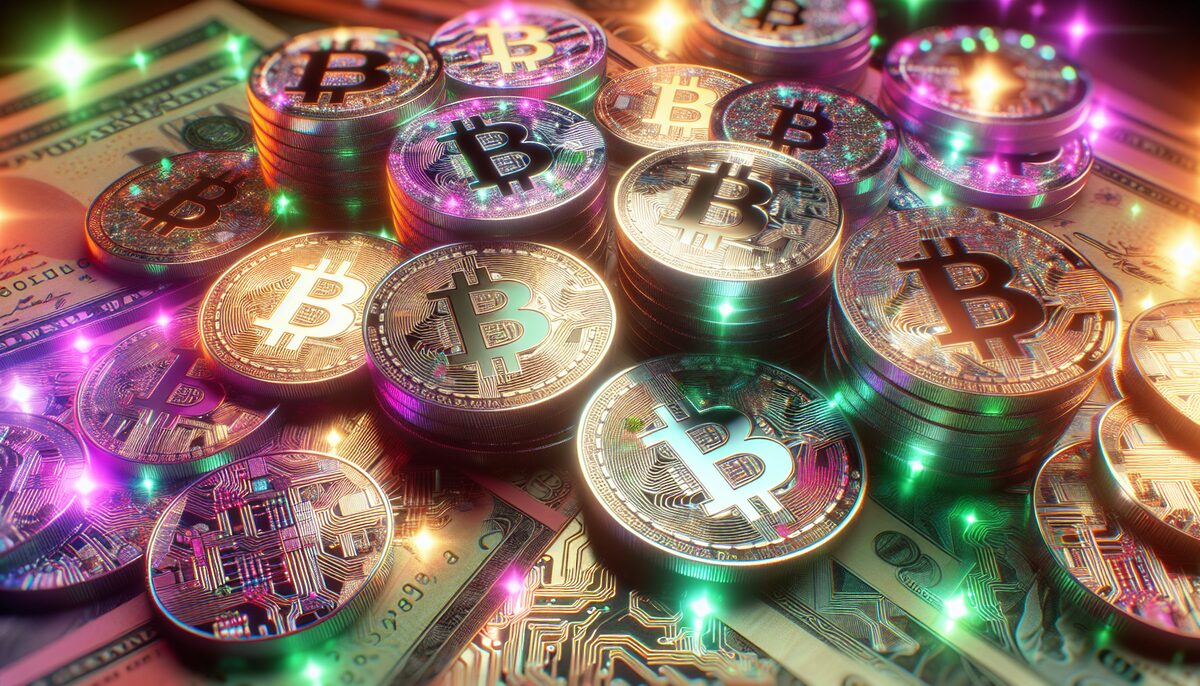 Lot's of glittering BTC coins.