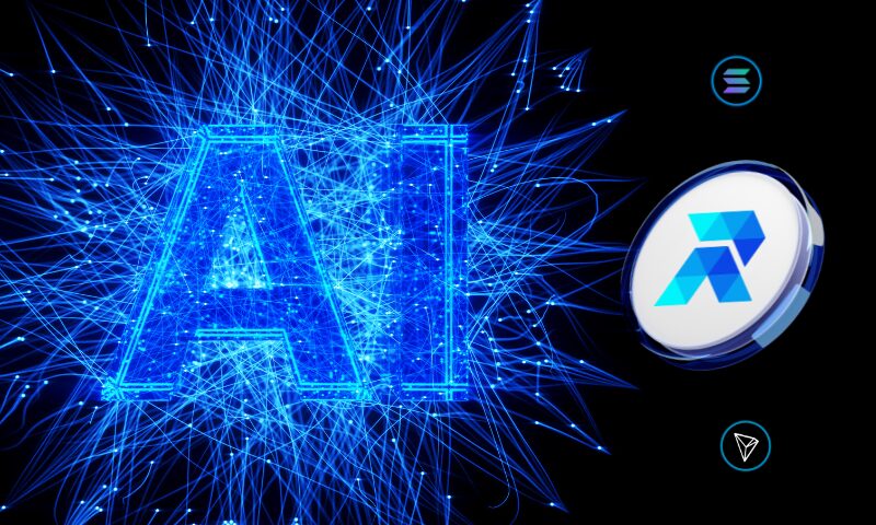 RCOFinance token floating next to a giant digital AI sign.