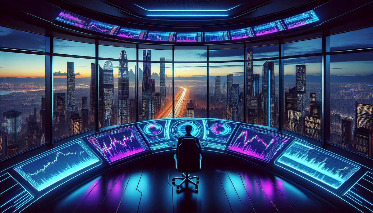 A man in an operating room overlooking a futuristic city.