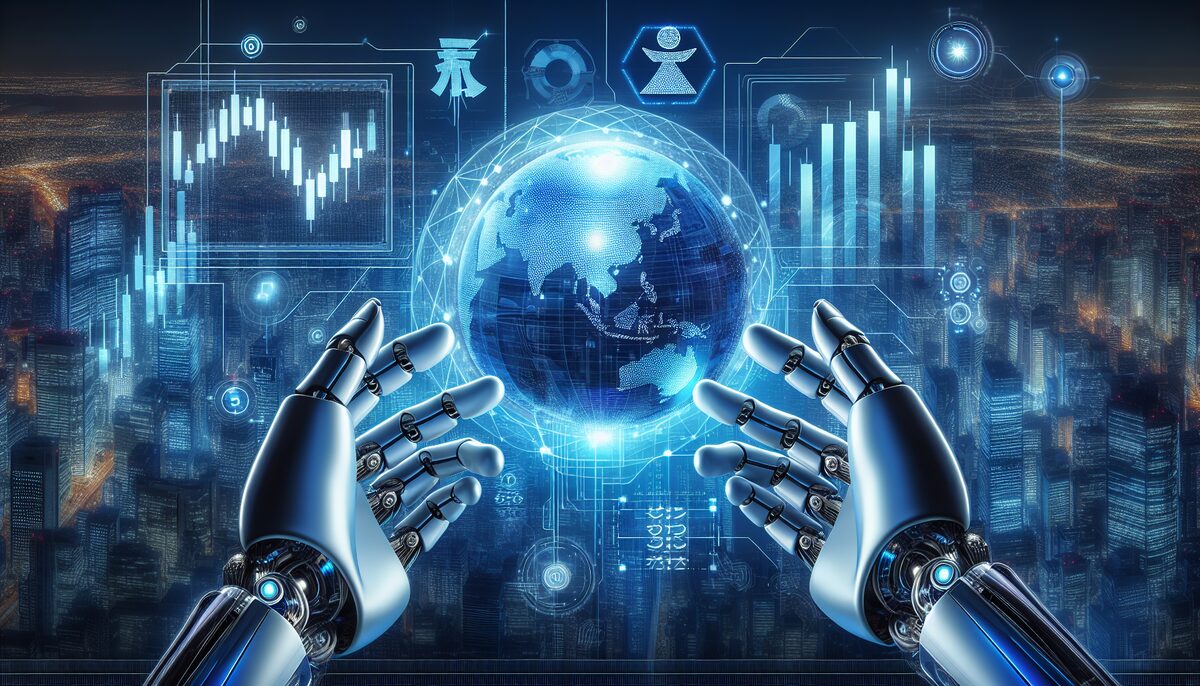 Robot reaching towards a digital planet earth.