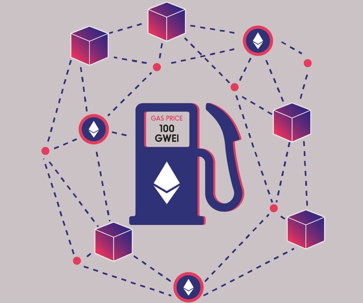 An illustration of a gas tank with "100 Gwei" in the centre and numerous blocks and Ethereum tokens swirling around it.
