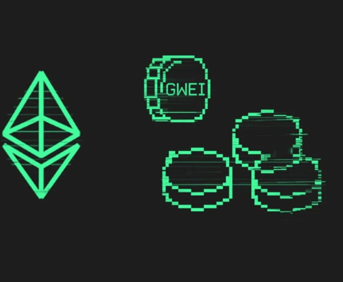 An Ethereum symbol in green on the left with green Gwei tokens on the right.