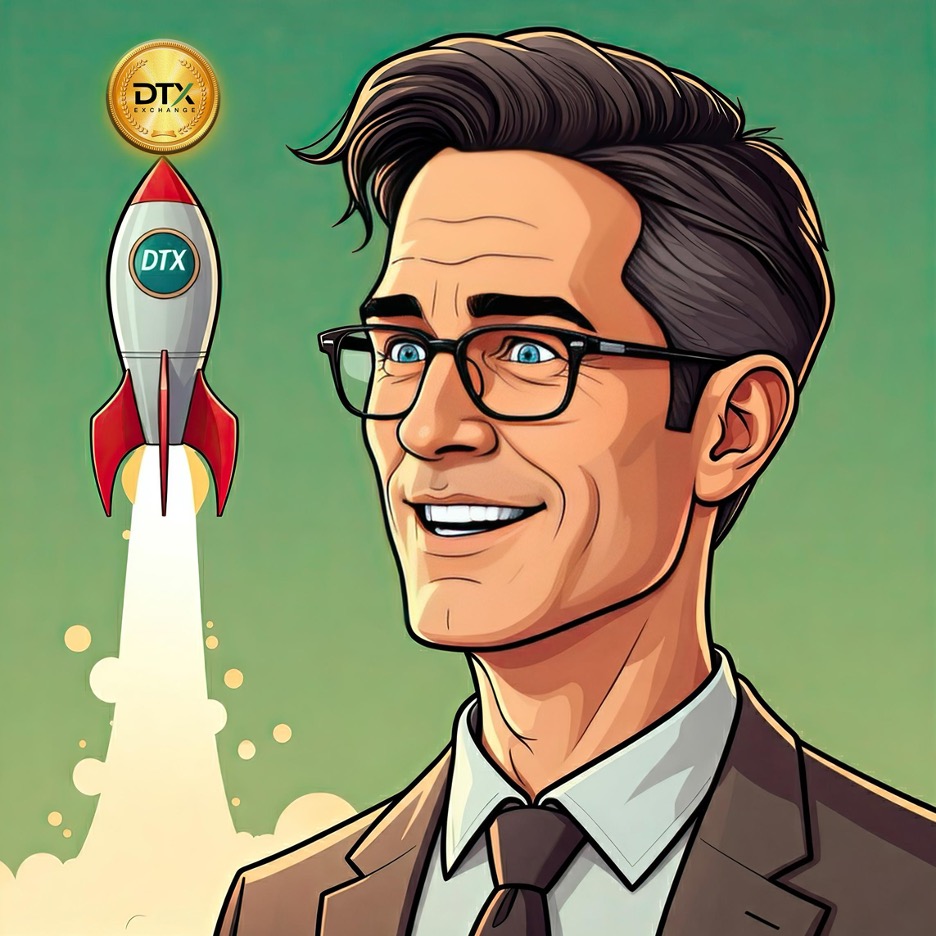 A cartoon man watching a tiny DTX rocket go up to the DTX coin.