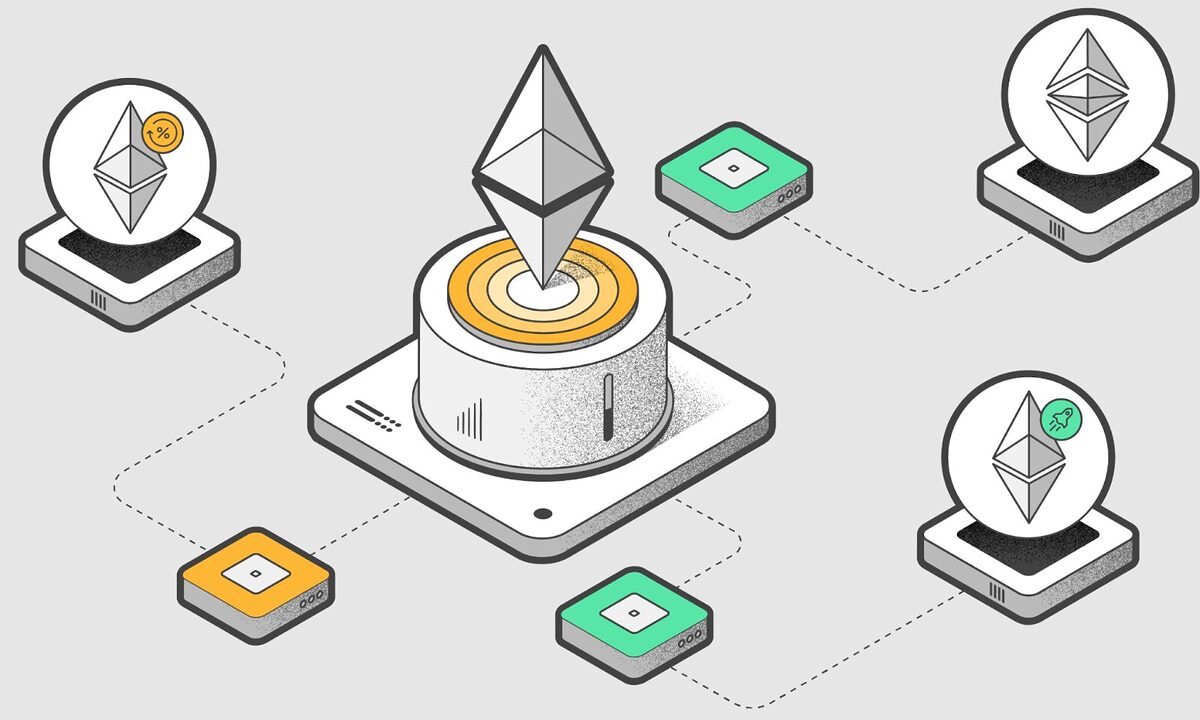 An Ethereum computer at the centre of the image connected to three seperate devices, all with Ethereum logos above them.