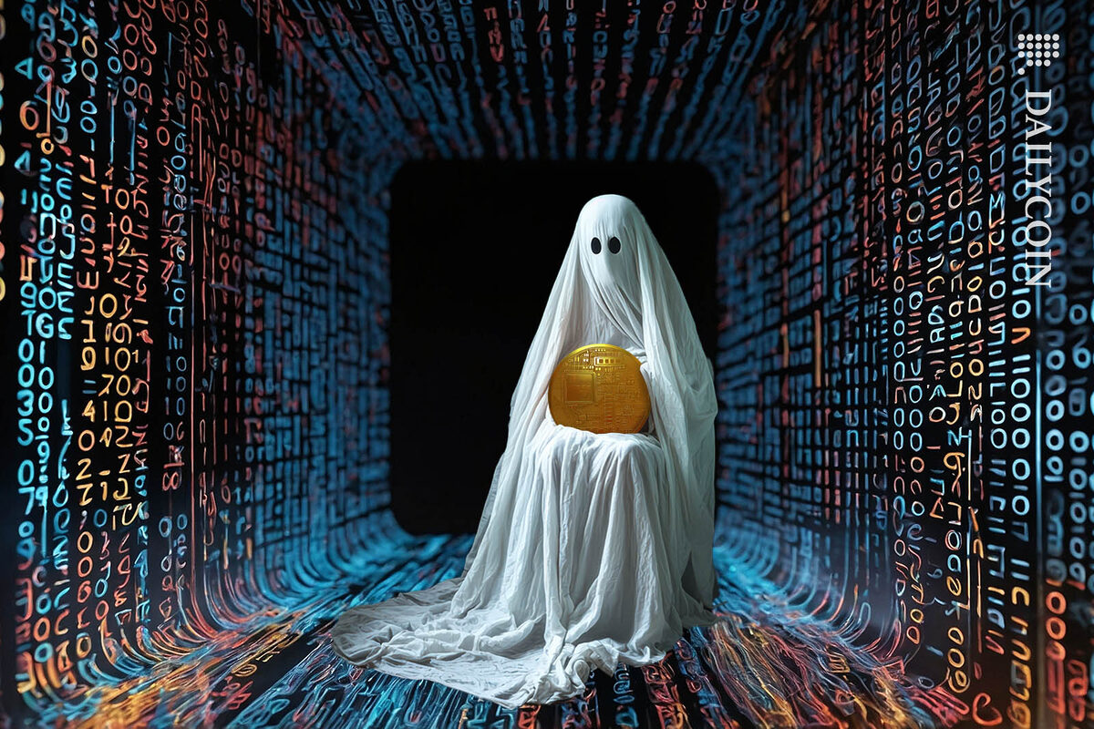 A ghost sitting with a crypto coin inside the Coinbase code.