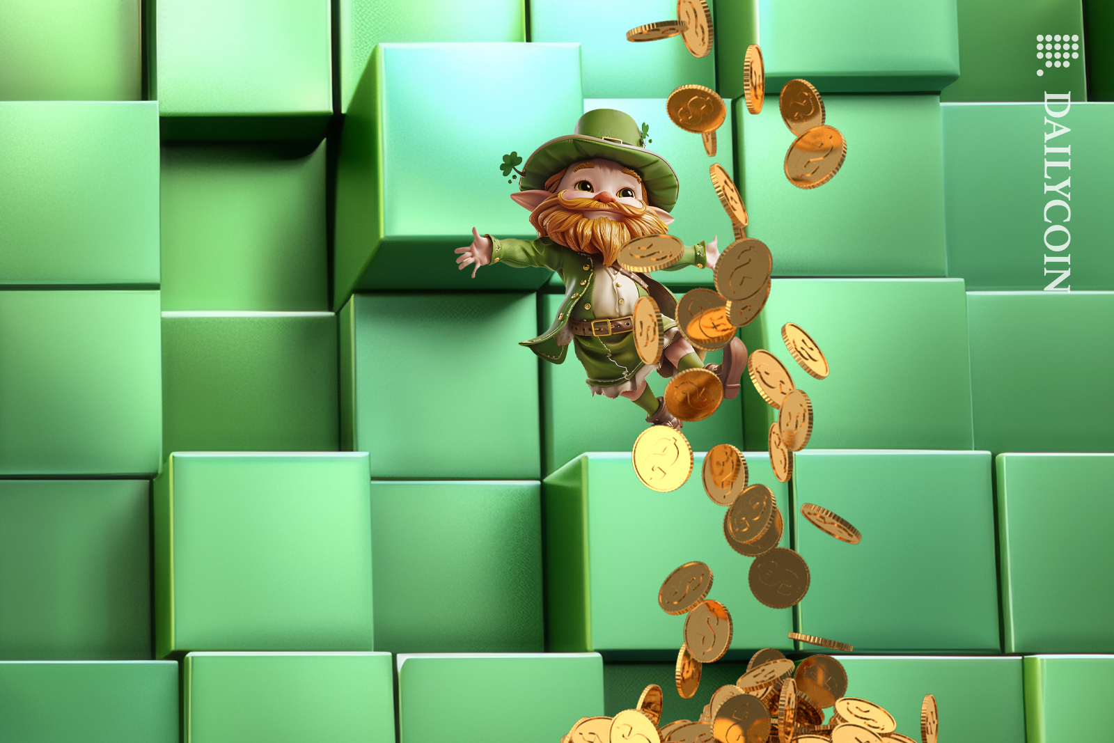 Leprechaun standing on blockchain cubes bringing some coins to the space.