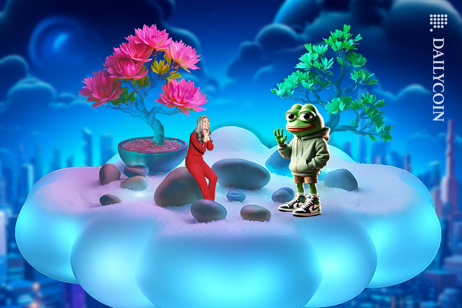 Woman laughing at her memecoin pepe character on a floating fantasy island.