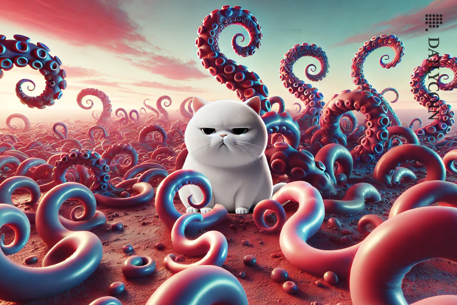 MEW memecoin cat sitting on Krakens land surrounded by tentacles.