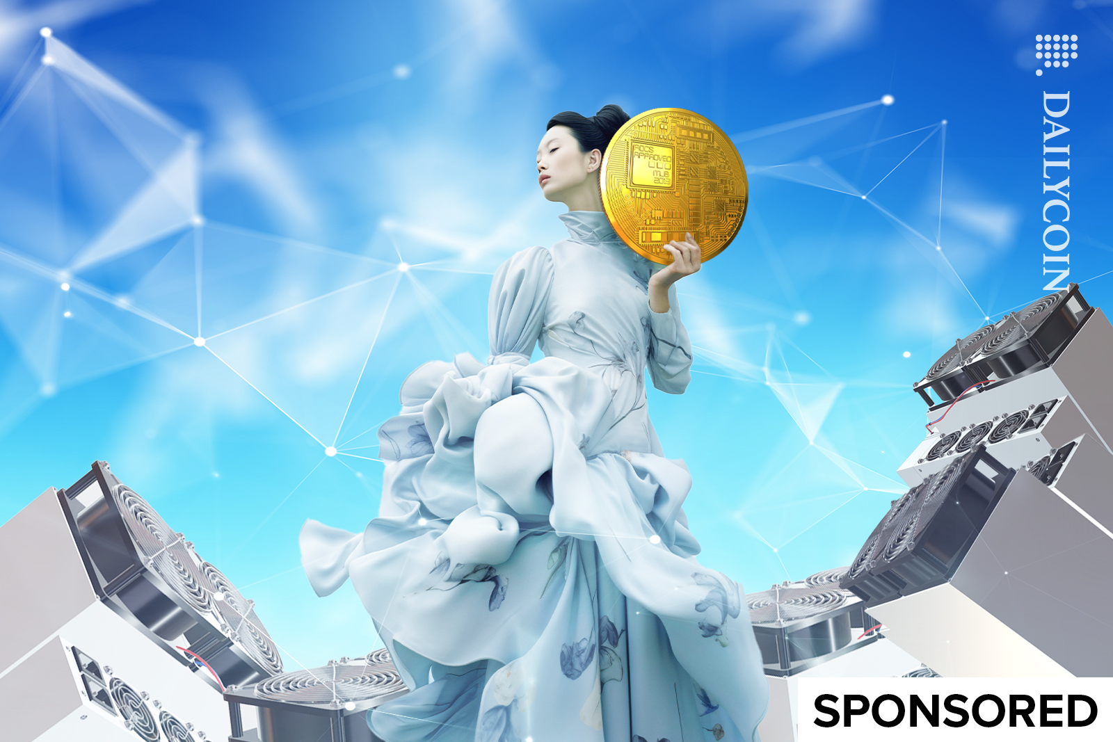 Woman shows of her massive crypto coin as the mining rigs blow wind on her.