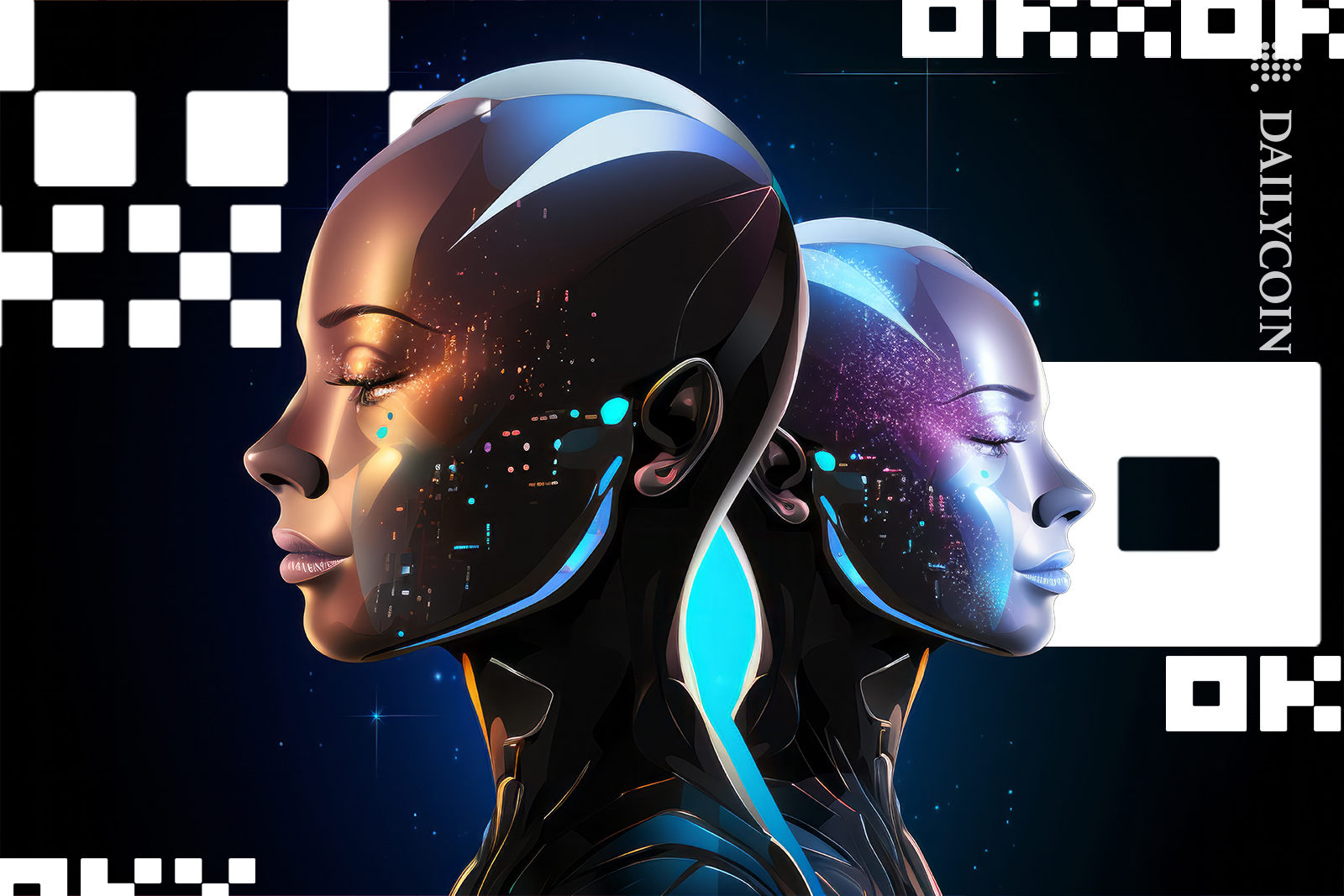 Two cyborgs looking at OKX in space.
